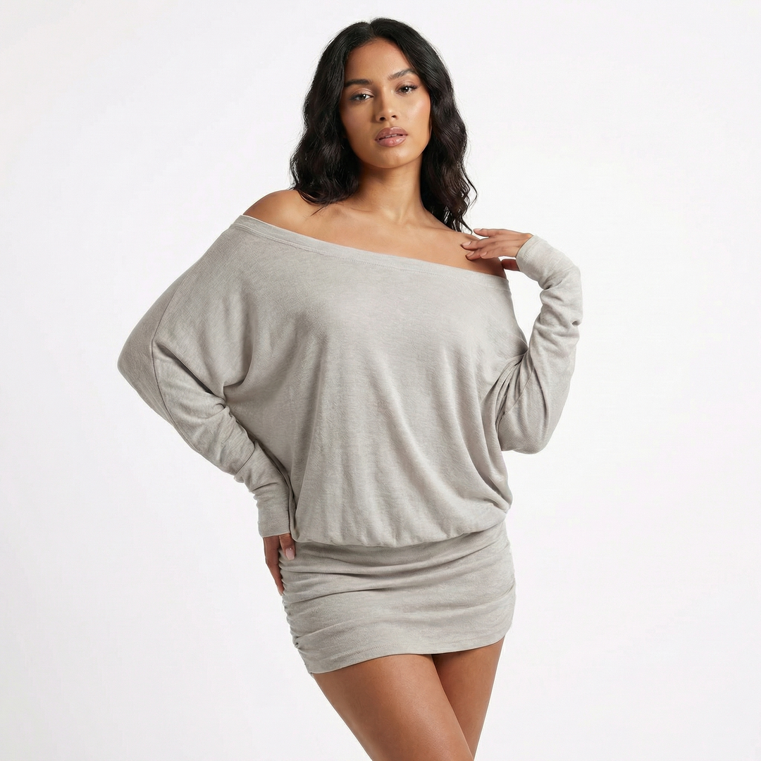 Off Shoulder Mini Dress  - Batwing Sleeve Ruched Bodycon Party Dress