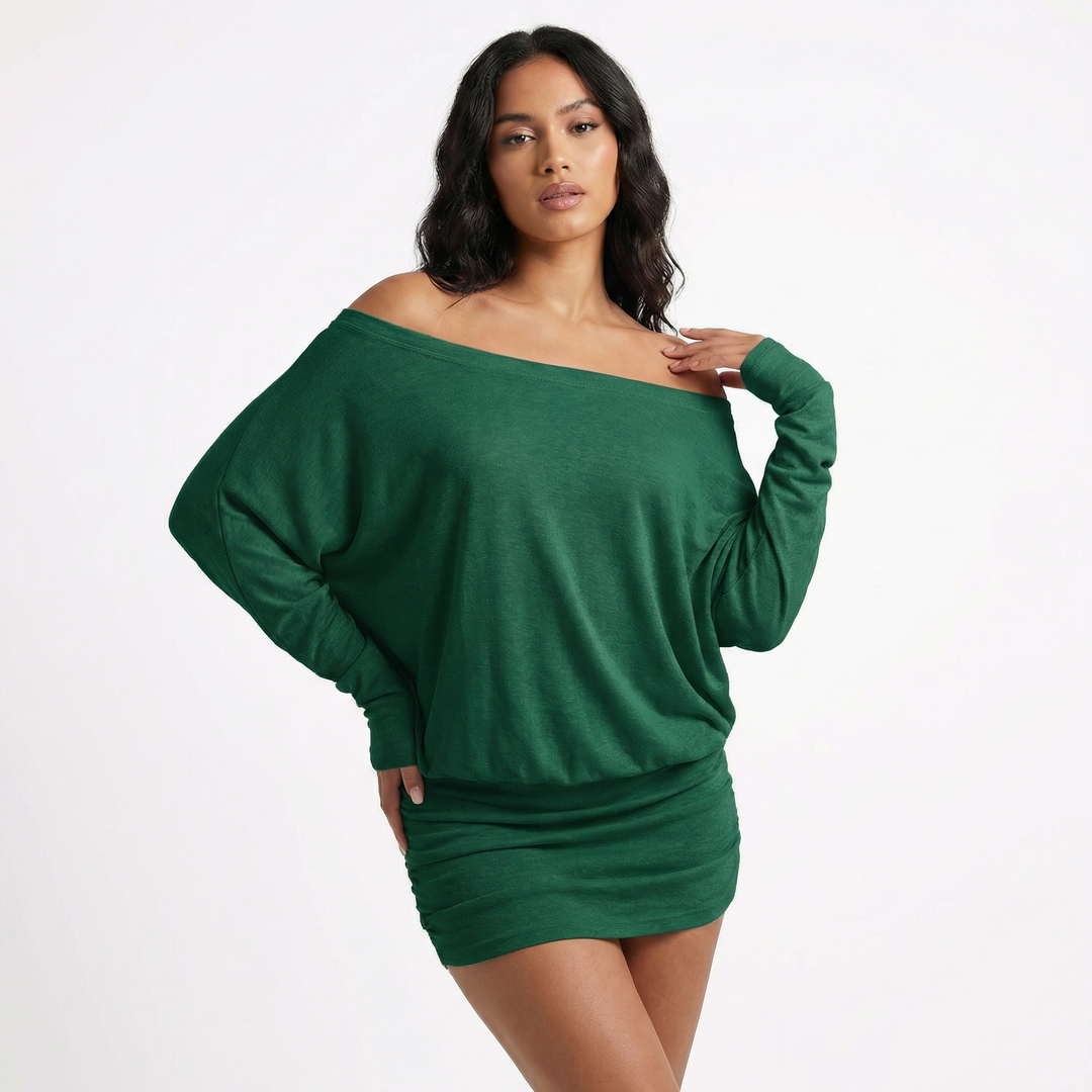 Off Shoulder Mini Dress  - Batwing Sleeve Ruched Bodycon Party Dress