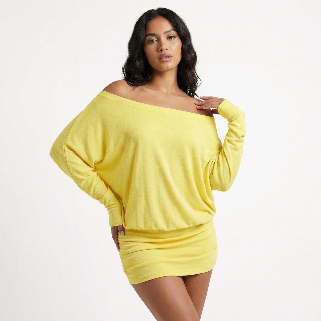 Off Shoulder Mini Dress  - Batwing Sleeve Ruched Bodycon Party Dress