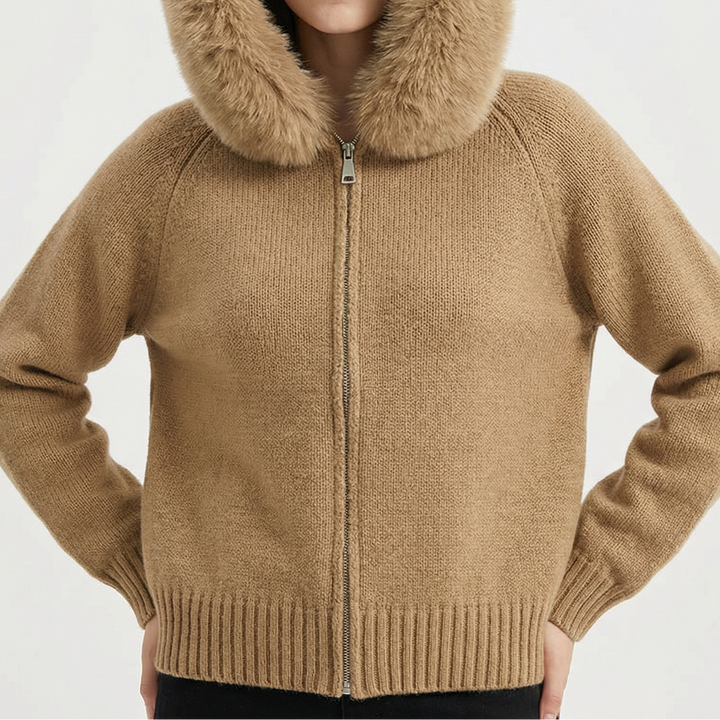 Women's Hooded Zip Knit Faux Fur Trim Loose Cardigan