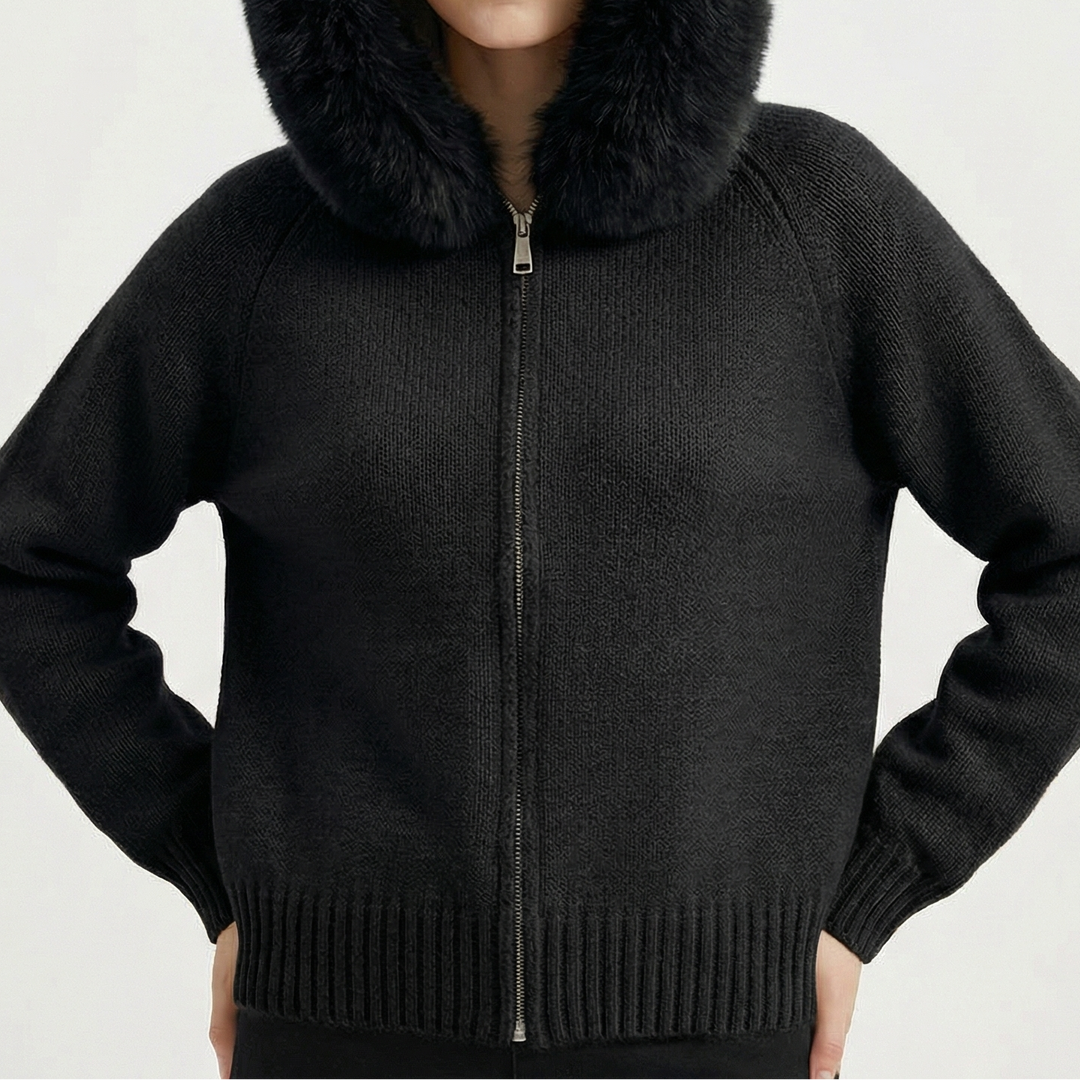 Women's Hooded Zip Knit Faux Fur Trim Loose Cardigan
