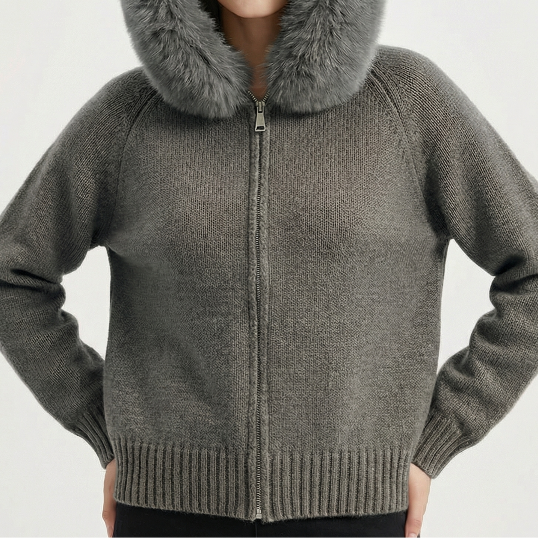 Women's Hooded Zip Knit Faux Fur Trim Loose Cardigan