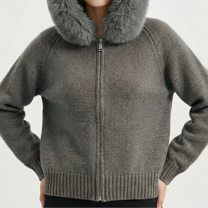 Women's Hooded Zip Knit Faux Fur Trim Loose Cardigan