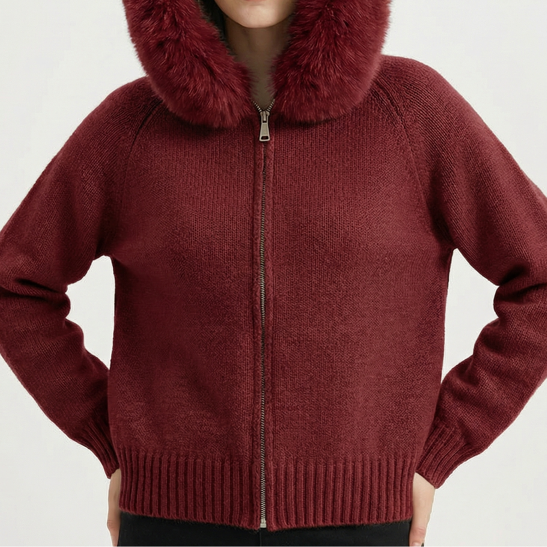 Women's Hooded Zip Knit Faux Fur Trim Loose Cardigan