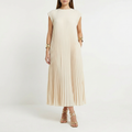 Pleated Maxi Dress Women - Cap Sleeve Crew Neck Flowy Summer Dress