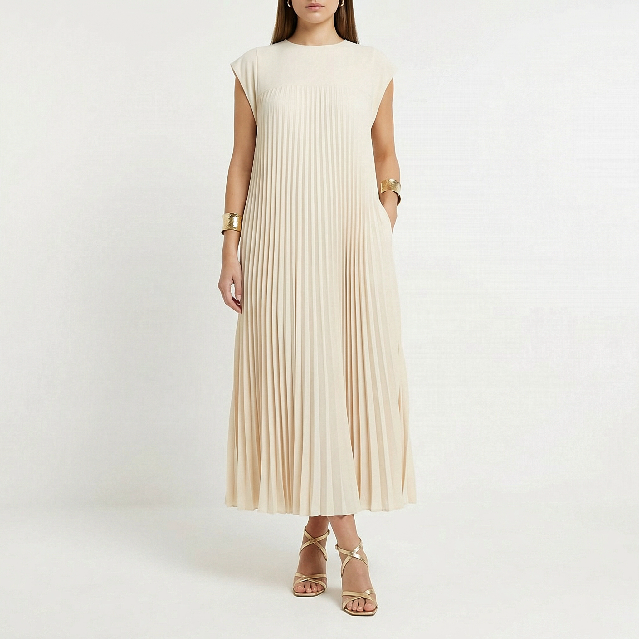 Pleated Maxi Dress Women - Cap Sleeve Crew Neck Flowy Summer Dress