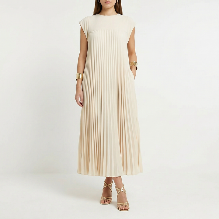 Pleated Maxi Dress Women - Cap Sleeve Crew Neck Flowy Summer Dress