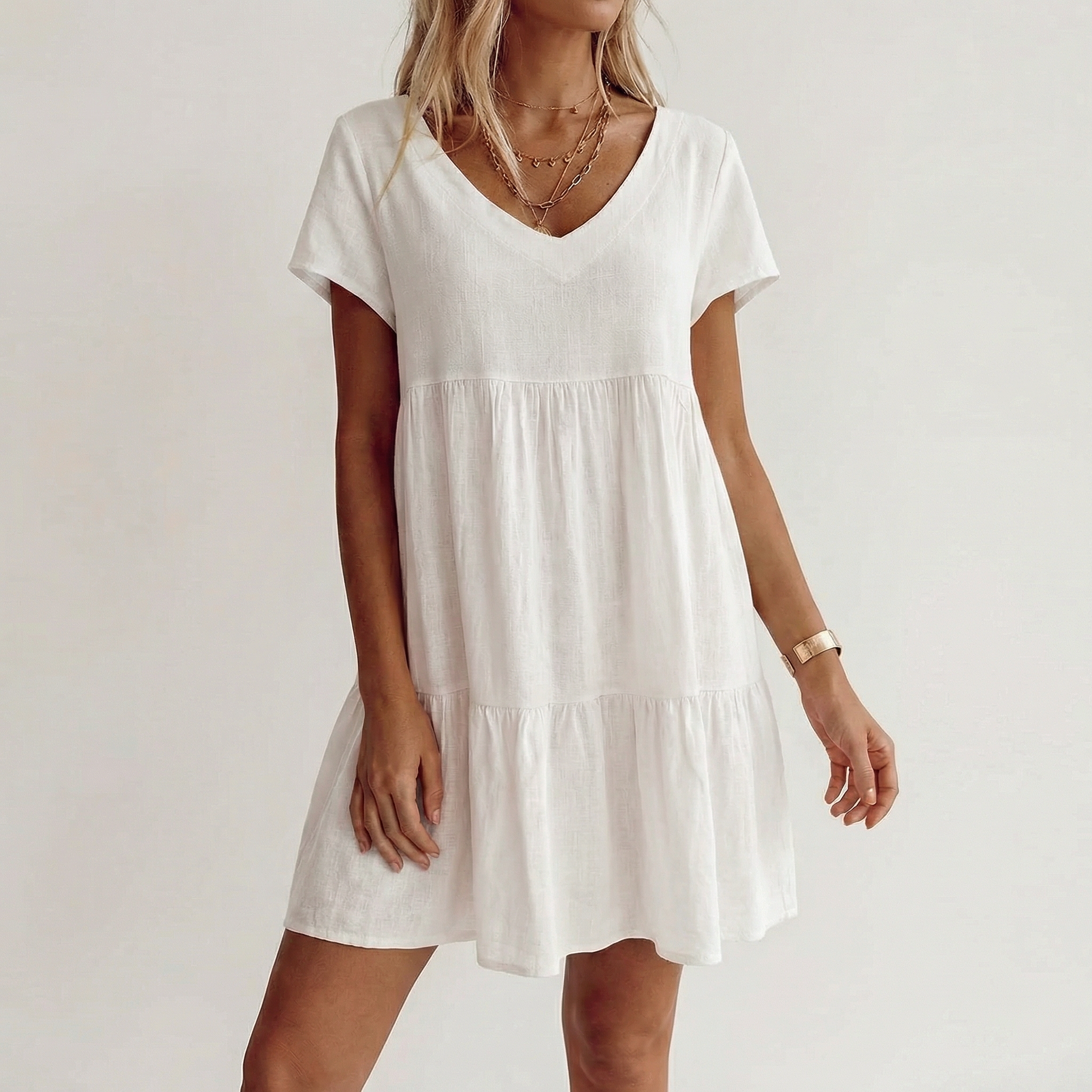 Linen Mini Dress Women - V Neck Short Sleeve Tiered Babydoll Summer Dress