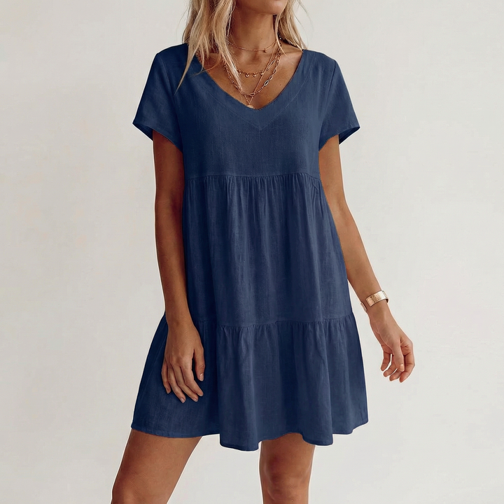 Linen Mini Dress Women - V Neck Short Sleeve Tiered Babydoll Summer Dress