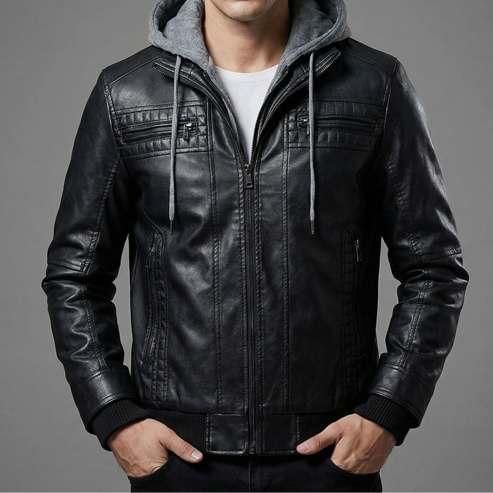 Men's Hooded Leather Zip Up Biker Jacket