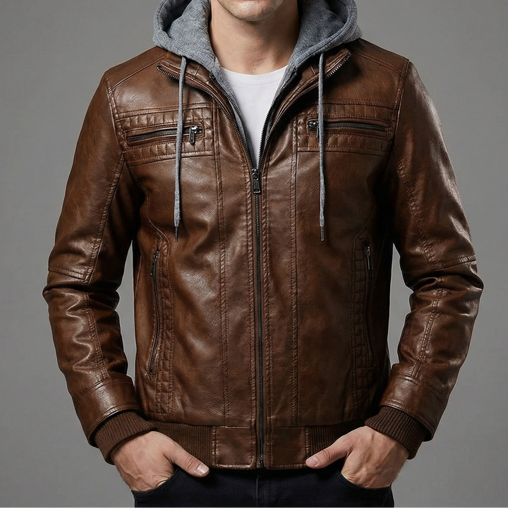 Men's Hooded Leather Zip Up Biker Jacket