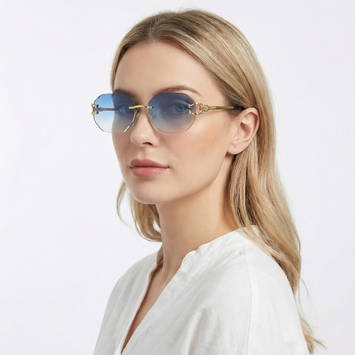 Rimless Sunglasses - Geometric Diamond Cut Lens