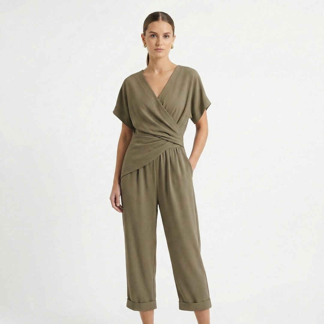 Wrap Front Jumpsuit - V Neck Short Sleeve Cropped