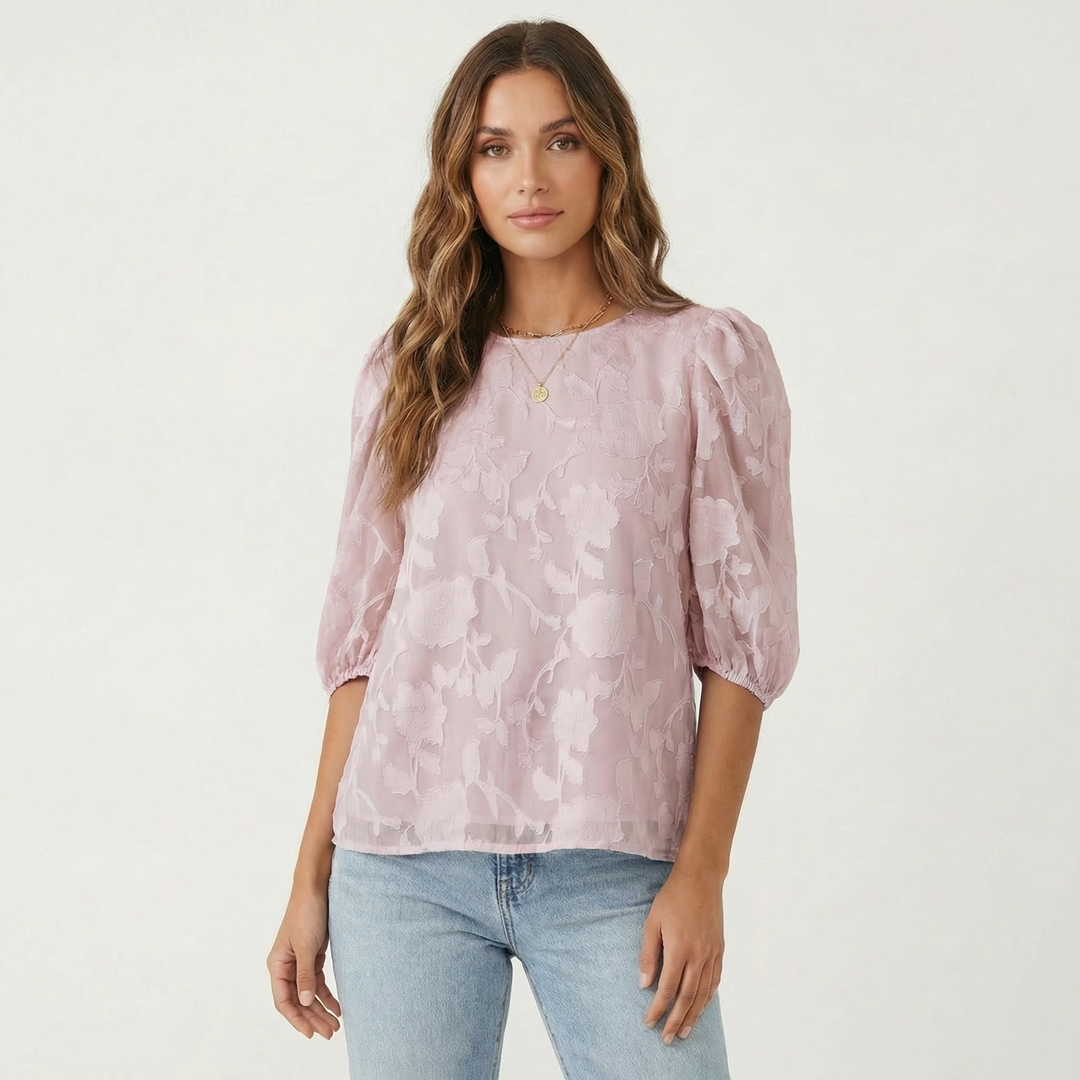 Sheer Blouse - Floral Burnout Puff Sleeve Top