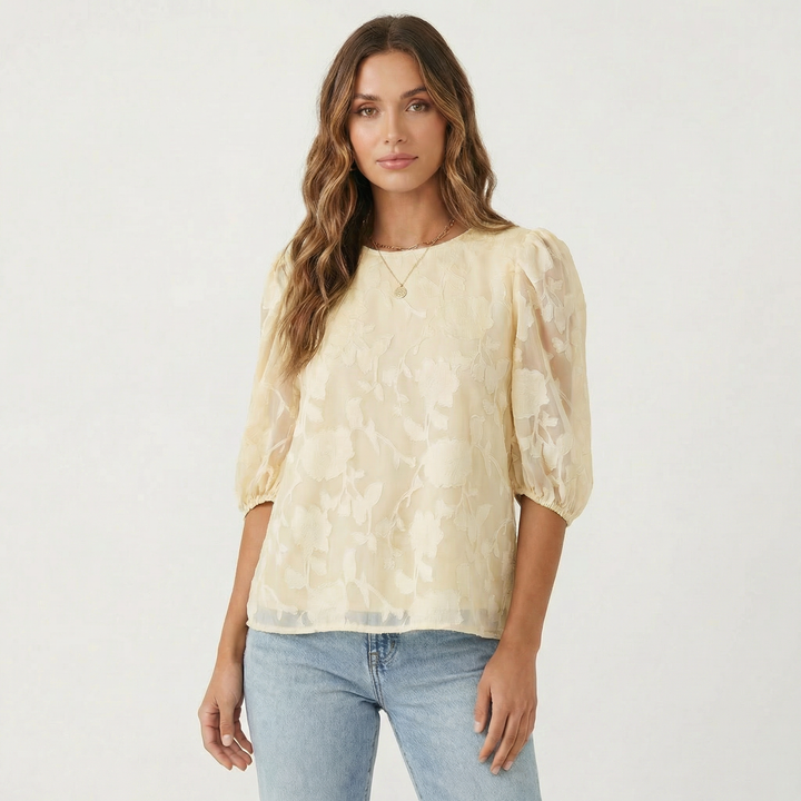 Sheer Blouse - Floral Burnout Puff Sleeve Top