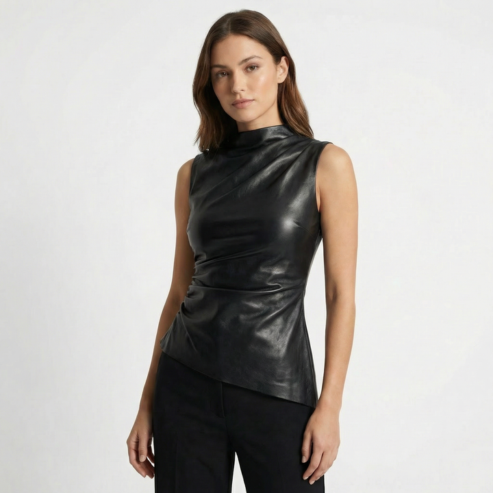 Faux Leather Mock Neck Top - Sleeveless Ruched