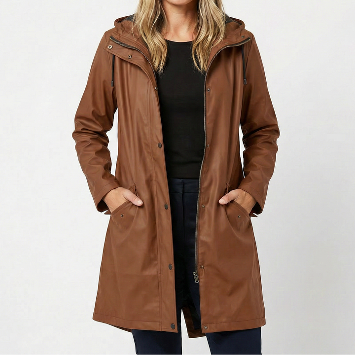 Women's Waterproof Hooded Mid Length Windproof Trench Coat