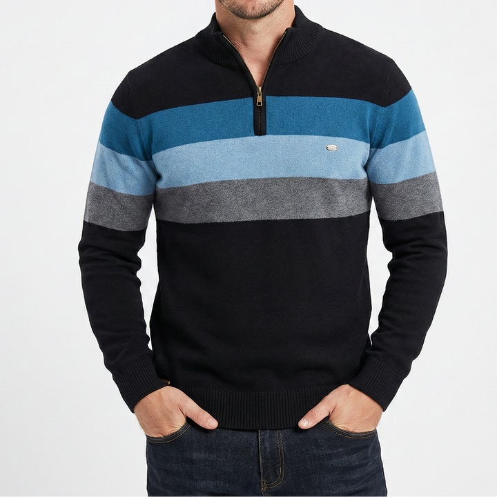 Men's Quarter Zip Striped Knit Collar Pullover Sweater