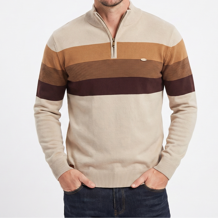 Men's Quarter Zip Striped Knit Collar Pullover Sweater