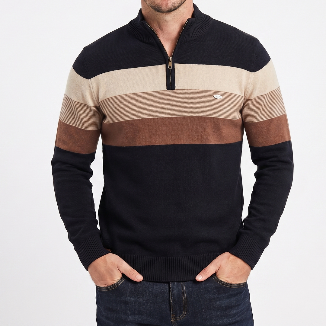 Men's Quarter Zip Striped Knit Collar Pullover Sweater