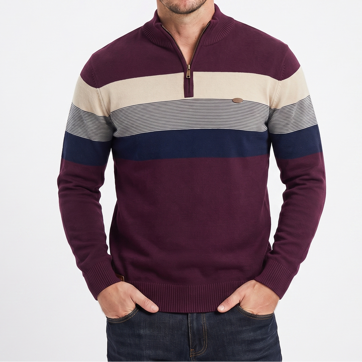 Men's Quarter Zip Striped Knit Collar Pullover Sweater