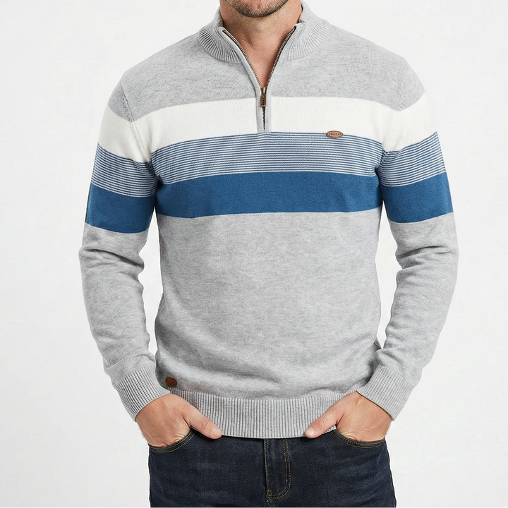 Men's Quarter Zip Striped Knit Collar Pullover Sweater