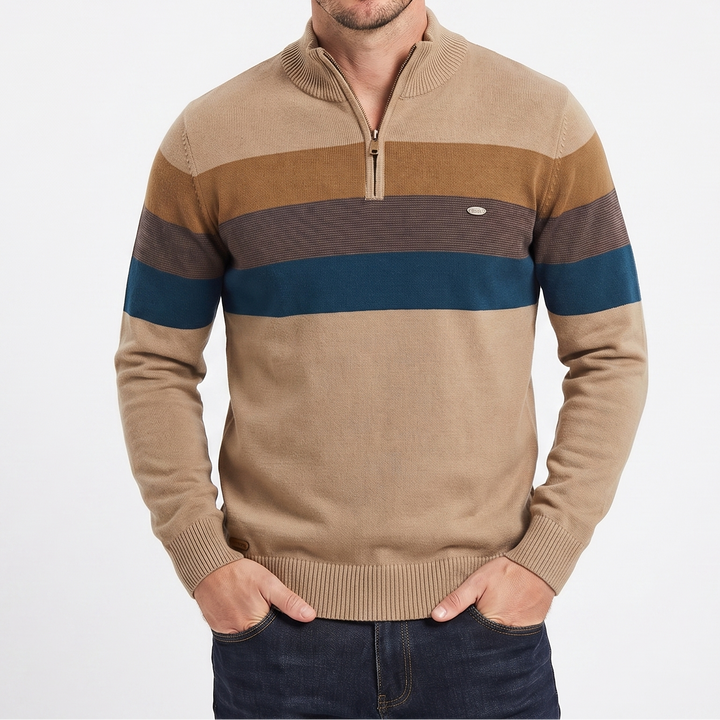 Men's Quarter Zip Striped Knit Collar Pullover Sweater