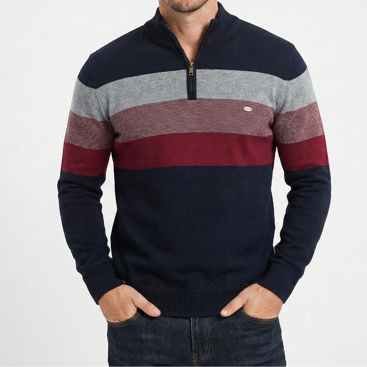 Men's Quarter Zip Striped Knit Collar Pullover Sweater