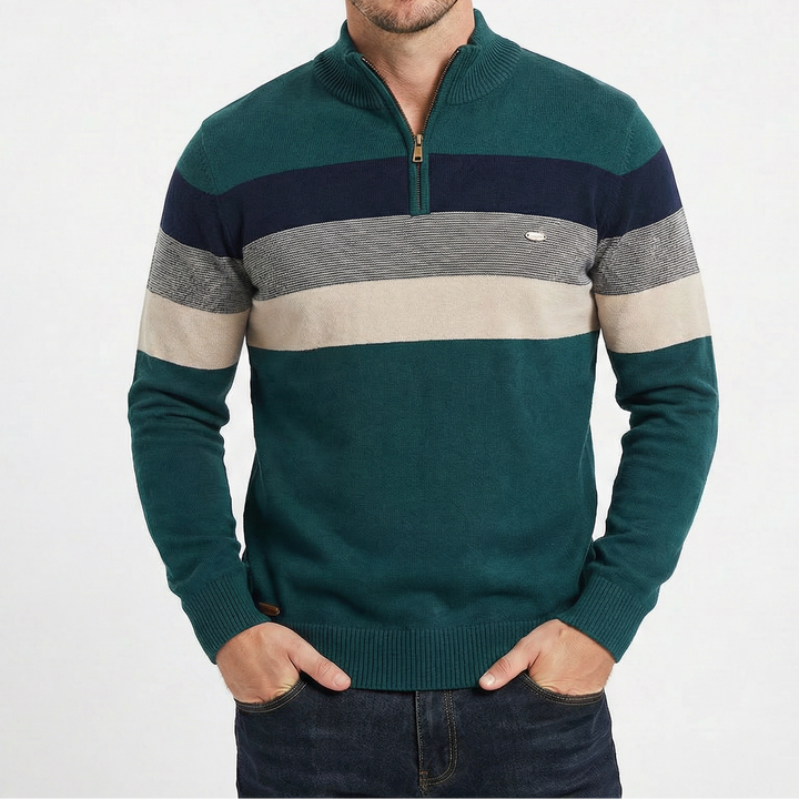 Men's Quarter Zip Striped Knit Collar Pullover Sweater