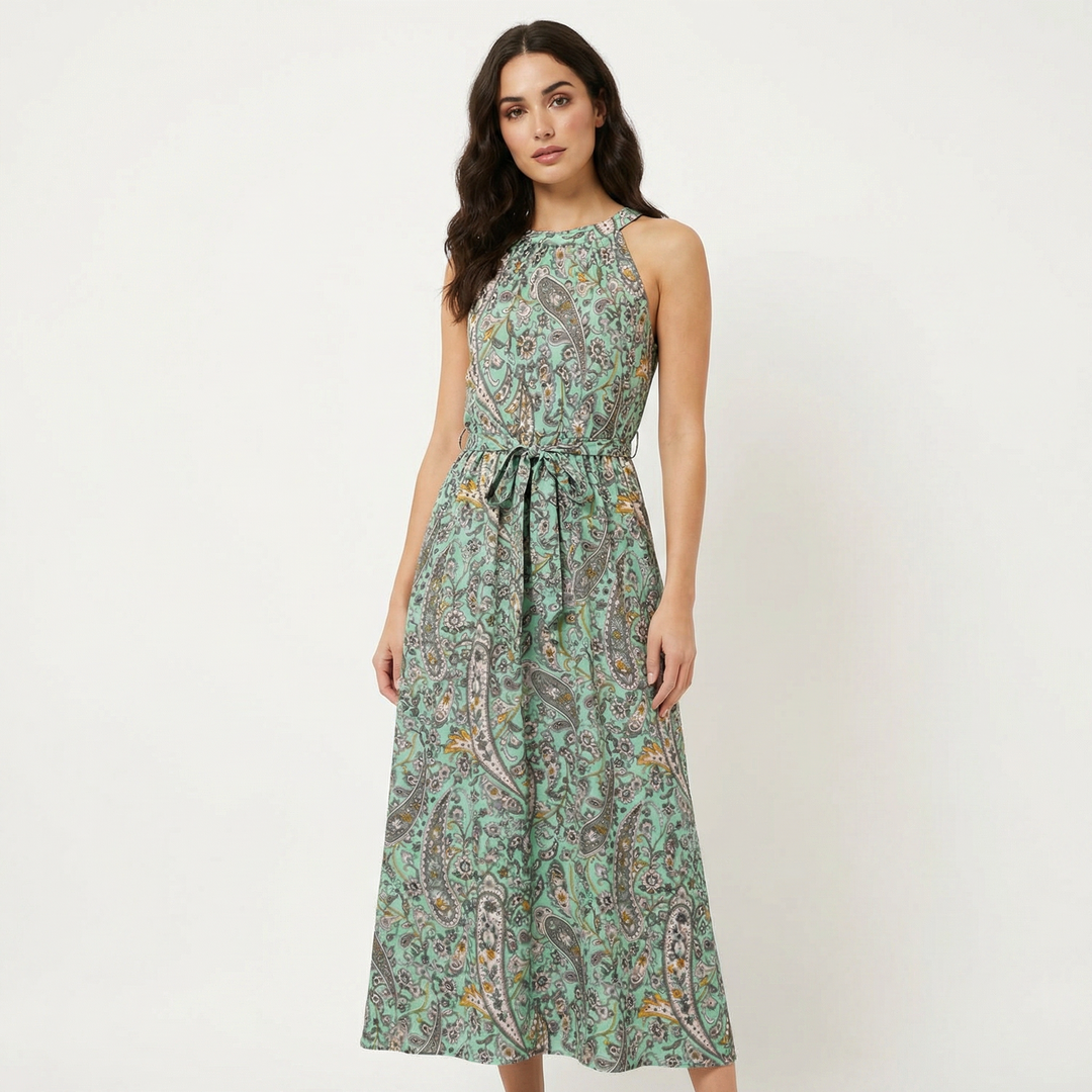 Paisley Midi Dress - Halter Neck Tie Waist