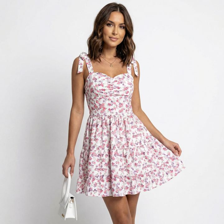 Floral Mini Dress - Sweetheart Tie Strap Tiered