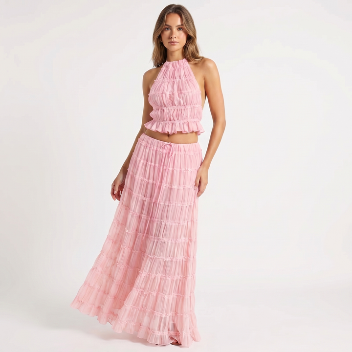Two Piece Set - Halter Crop Top Tiered Maxi Skirt