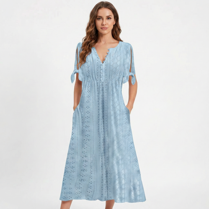 Eyelet Midi Dress - V Neck Button Front Tie Sleeve