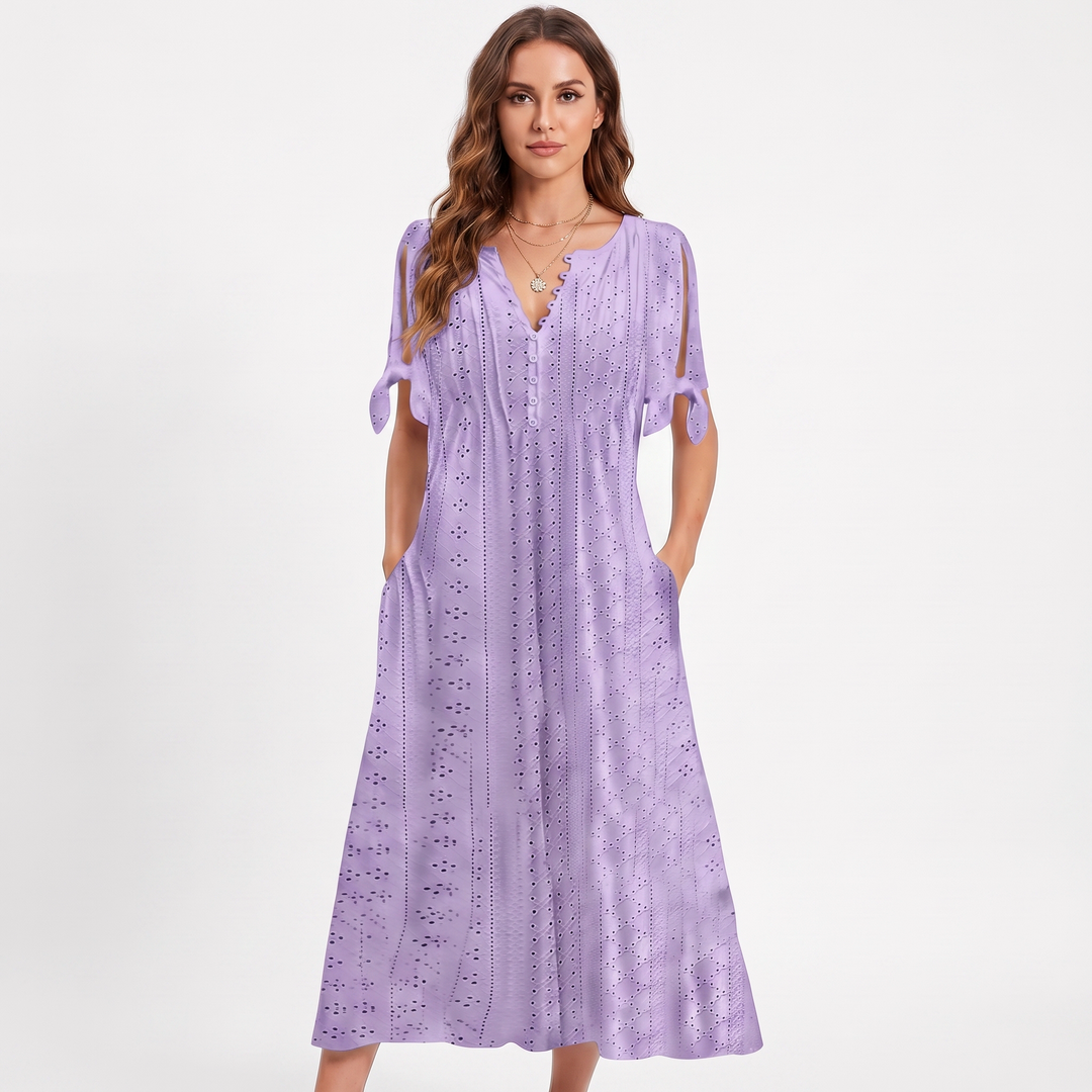 Eyelet Midi Dress - V Neck Button Front Tie Sleeve
