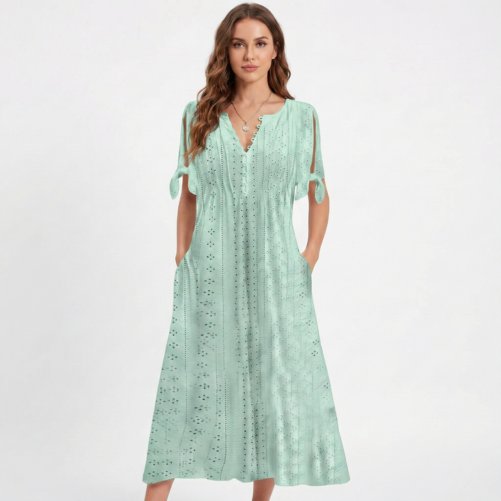 Eyelet Midi Dress - V Neck Button Front Tie Sleeve