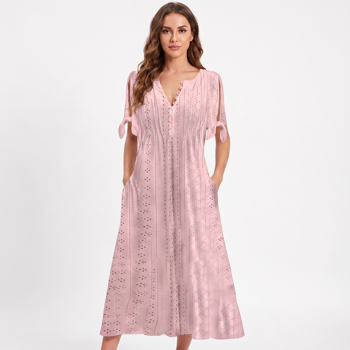Eyelet Midi Dress - V Neck Button Front Tie Sleeve