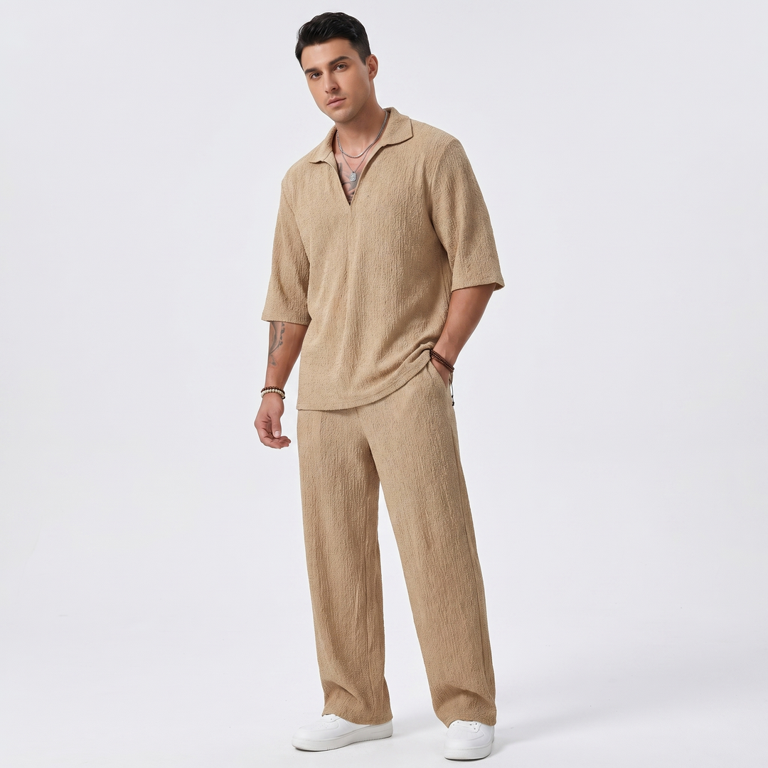 Men's Co Ord Set - Textured Polo Shirt Wide Leg Pants