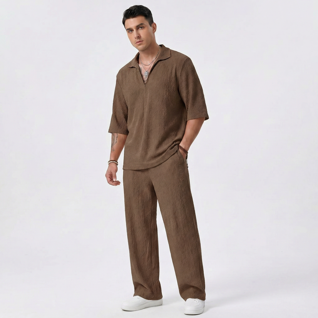 Men's Co Ord Set - Textured Polo Shirt Wide Leg Pants