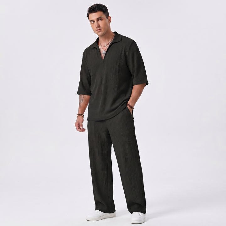 Men's Co Ord Set - Textured Polo Shirt Wide Leg Pants
