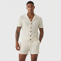 Men's Crochet Knit Co Ord Set - Button Up Shirt Shorts