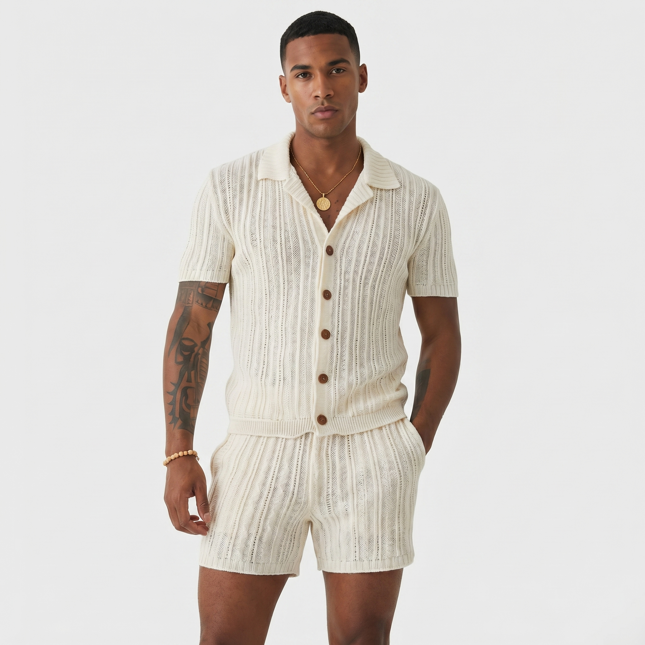Men's Crochet Knit Co Ord Set - Button Up Shirt Shorts