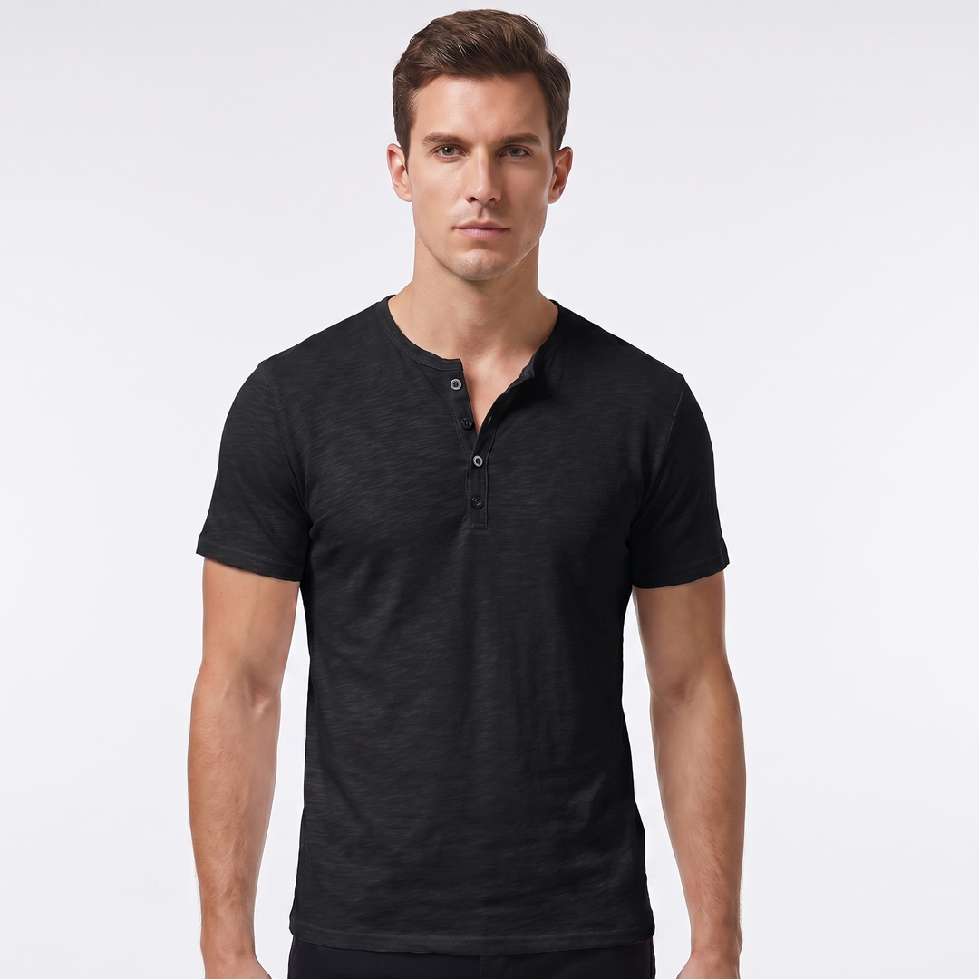 Men's Henley T Shirt - Short Sleeve Slub Cotton