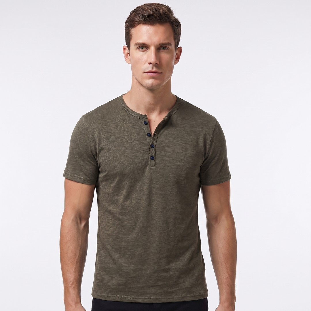 Men's Henley T Shirt - Short Sleeve Slub Cotton
