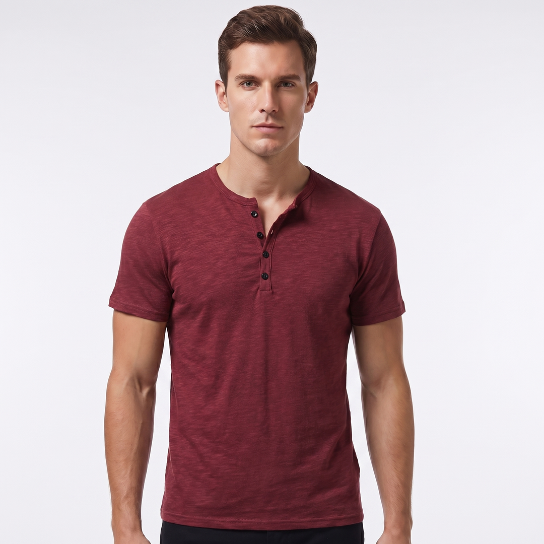 Men's Henley T Shirt - Short Sleeve Slub Cotton