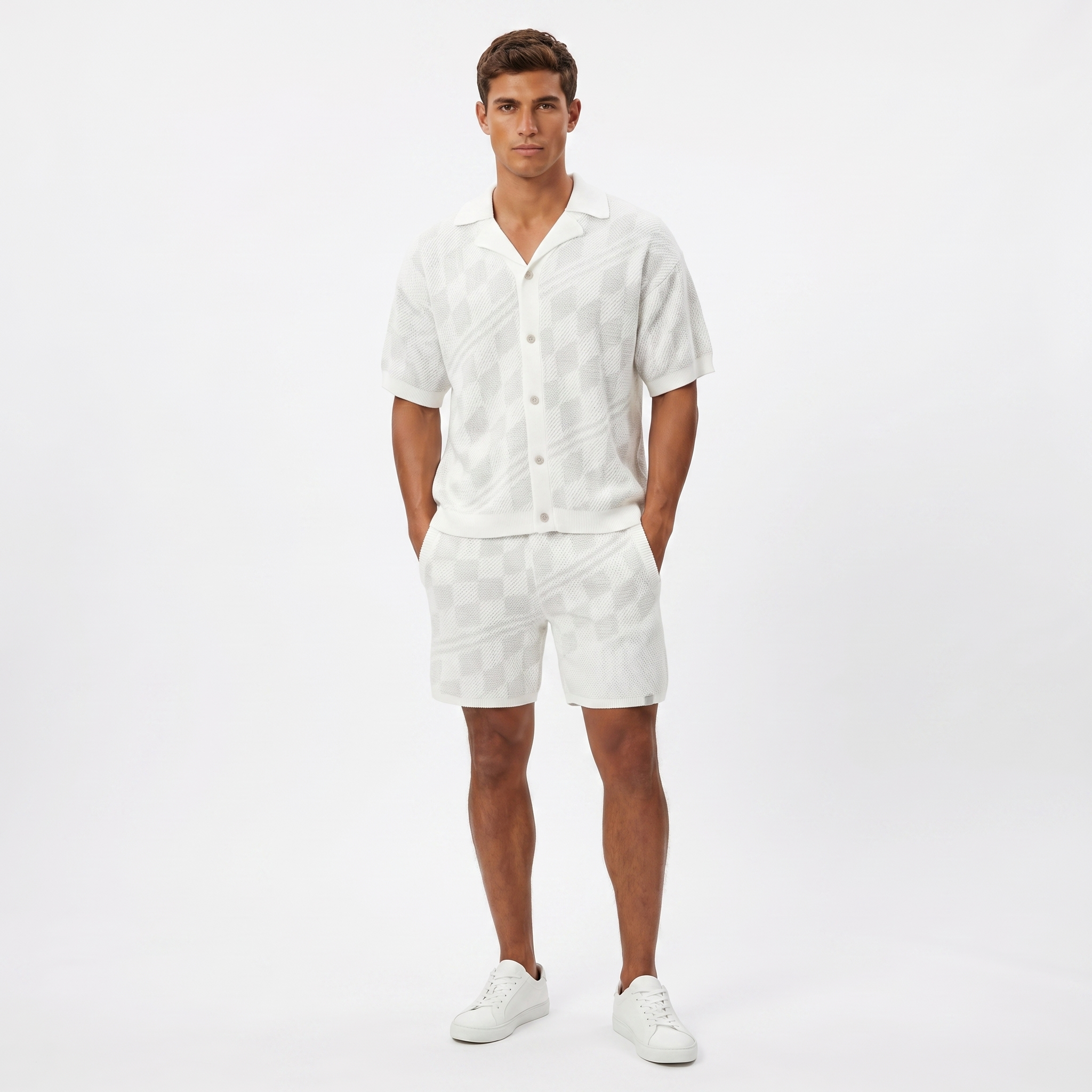 Men's Knit Co Ord Set - Checkered Button Up Shirt Shorts