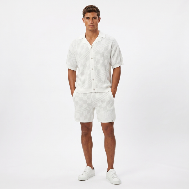 Men's Knit Co Ord Set - Checkered Button Up Shirt Shorts