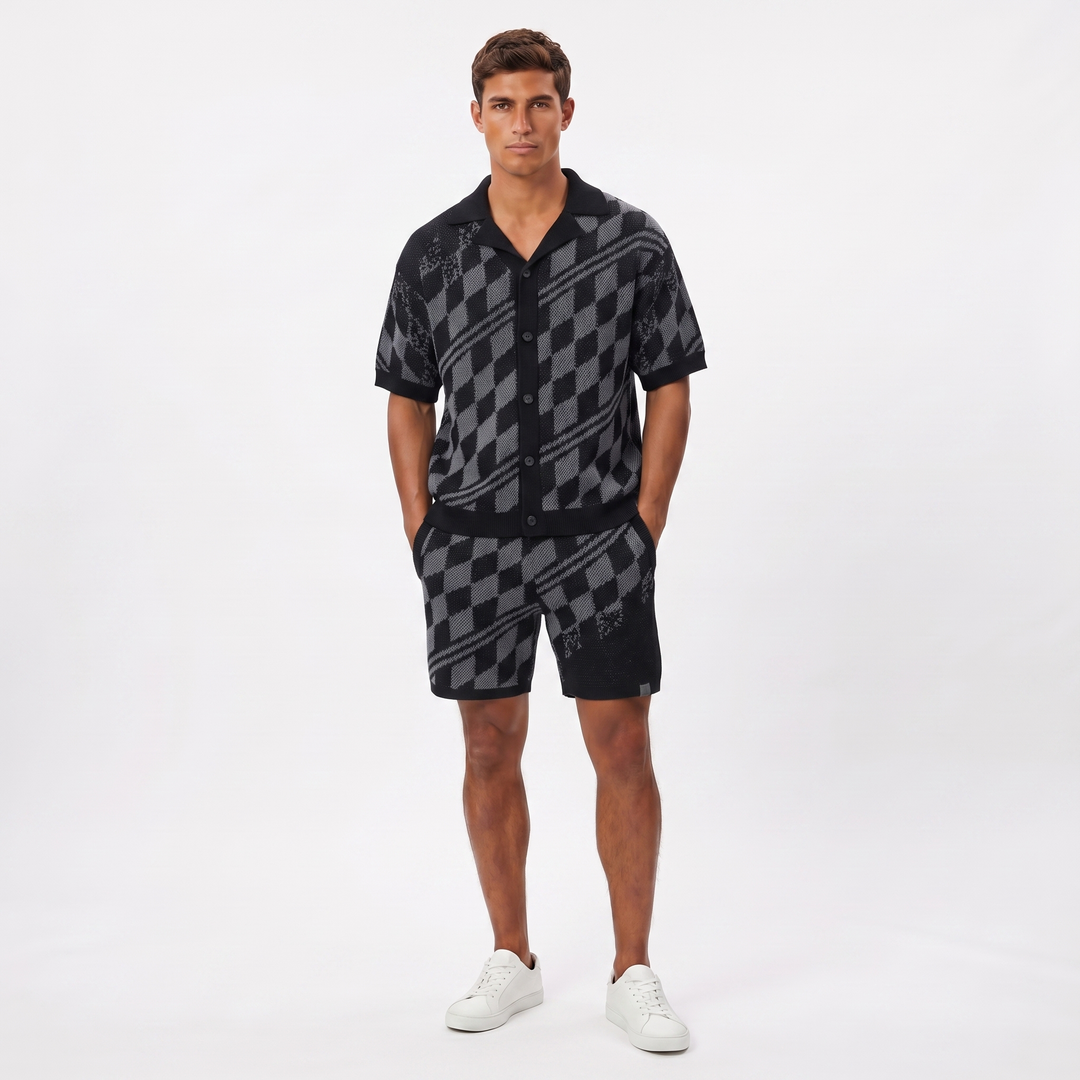 Men's Knit Co Ord Set - Checkered Button Up Shirt Shorts