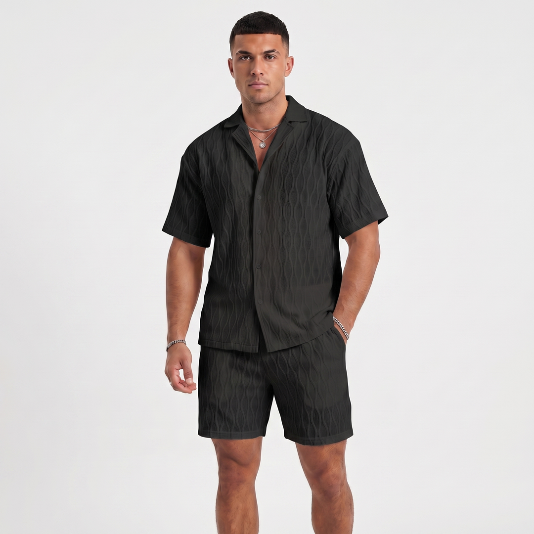Men's Textured Co Ord Set - Revere Collar Shirt Shorts