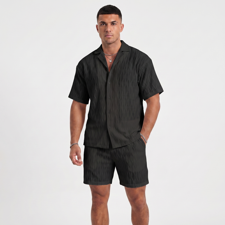Men's Textured Co Ord Set - Revere Collar Shirt Shorts