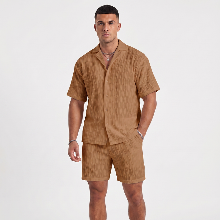 Men's Textured Co Ord Set - Revere Collar Shirt Shorts